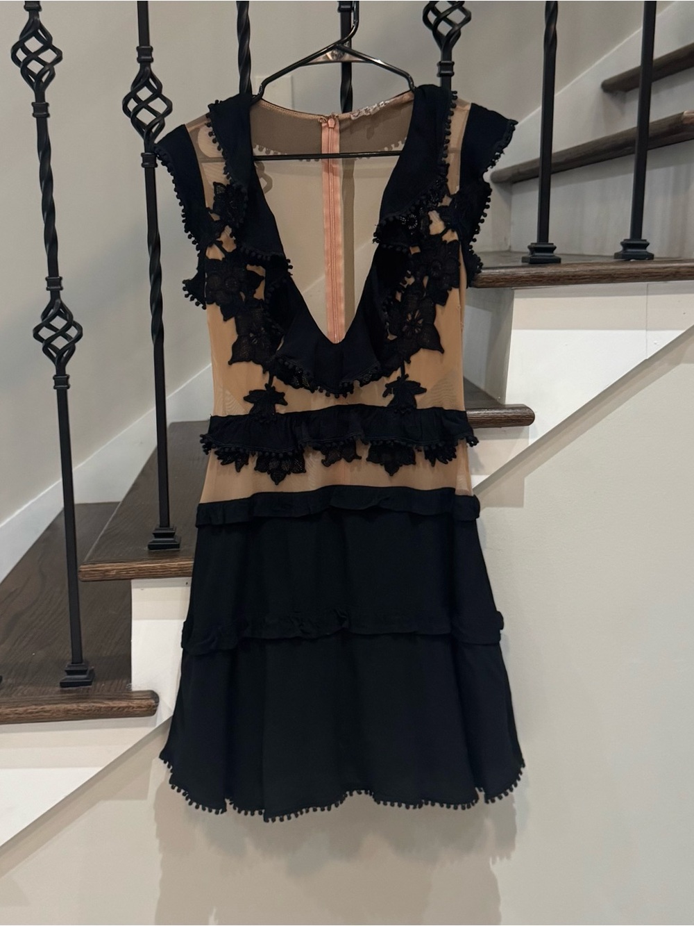 For Love & Lemons Black Nude Illusion Mesh Floral Appliqué Tiered Dress